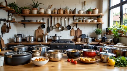 Fototapeta premium Modern kitchen with wooden shelves, cooking pots, plants, and warm atmosphere for home culinary inspiration