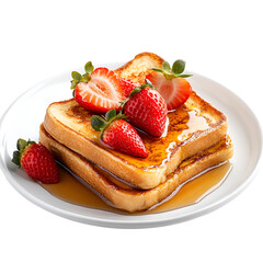 French toast with fresh strawberries and maple syrup isolated on white background