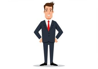 Obraz premium Cartoon businessman standing with hands on hips wearing a suit and red tie on a white background