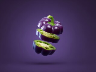 Sliced Purple Bell Pepper Floating on a Purple Background Studio Shot