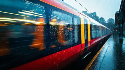 Fototapeta premium A vibrant train speeds through a rain-soaked station. The blurred motion evokes a sense of urgency and dynamic travel. Feel the excitement of the journey. Generative AI