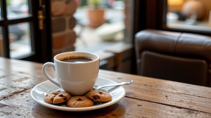 Fototapeta premium Perfectly Brewed Coffee with Chocolate Cookies on a Rustic Wooden Table in a Cozy Cafe Setting