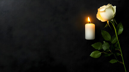 Copy Space Banner with White Rose and Candle on Black Background
