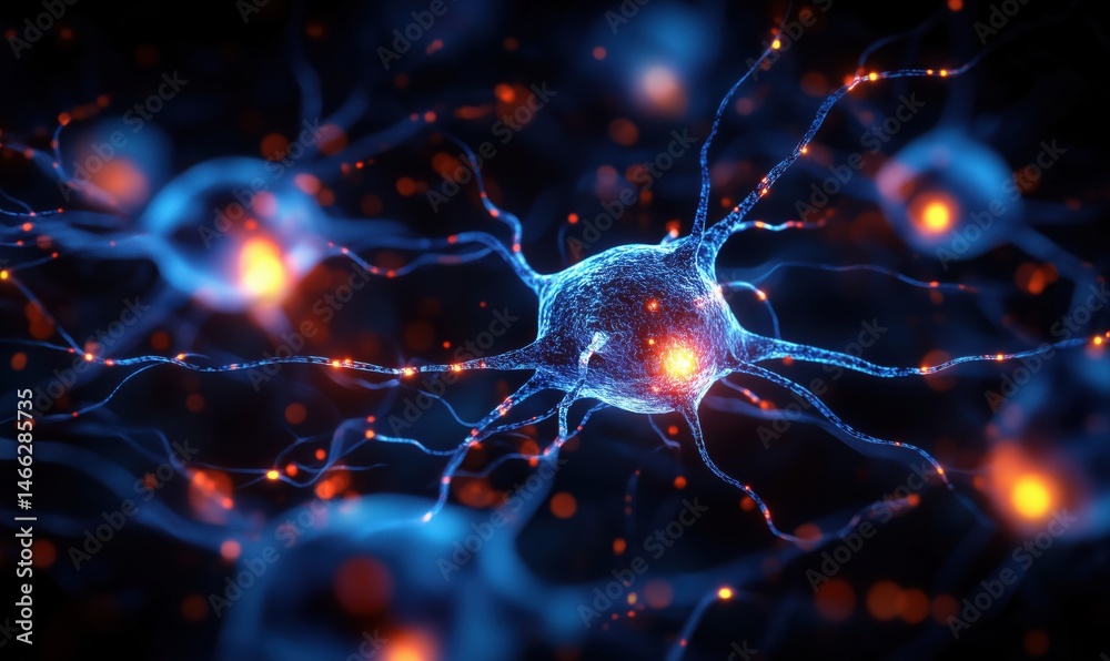 Poster neurons in a neural network illuminated with glowing synapses and connections