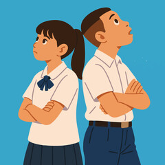 A boy and a girl stand back-to-back against a blue background. 