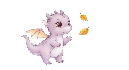 Baby Dragon and Autumn Leaves Watercolor - Adorable baby dragon playfully reaching for falling autumn leaves. Symbolizing: childhood wonder, autumn magic, gentle nature, playful spirit, serene beauty