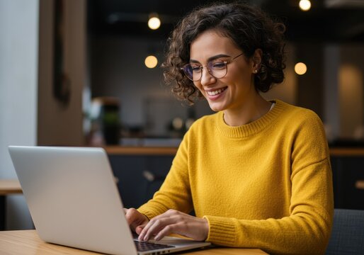 Smiling woman with glasses working on a laptop computer in a bright yellow sweater indoors