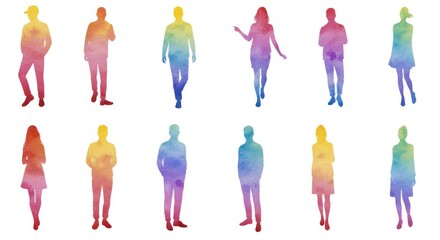 Fototapeta premium Colorful People Silhouettes Clipart - Diverse group of people silhouettes in vibrant watercolor , symbolizing unity, diversity, community, togetherness, and inclusion