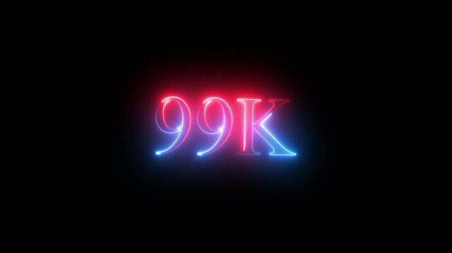 99 K Electric lighting text with animation on black background, 99K subscribers thank you text font with light. Luminous and shimmering haze inside the letters of the text 99K 4k video