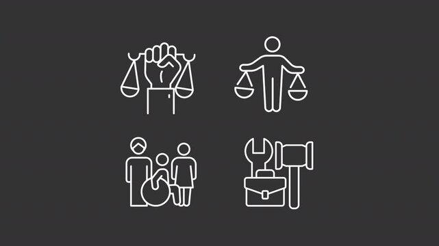 Human rights authority animation set. Supporting freedoms and equality in society animated white line icons. Democracy core values. Isolated elements on dark background. Alpha channel HD video