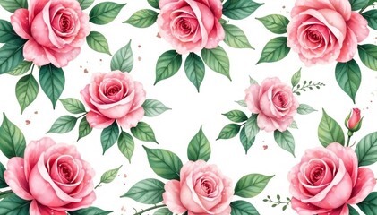 Delicate watercolor roses, lush leaves Seamless repeat , seamless background, design, pretty