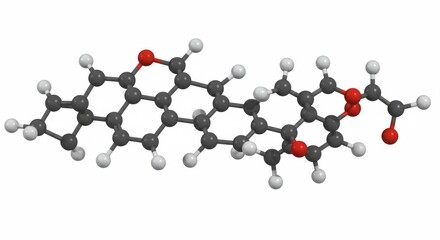 Dynamic Molecular Structure: Carbon, Hydrogen, and Oxygen Atoms - Scientific illustration depicting a complex molecule's atomic arrangement, showcasing carbon, hydrogen