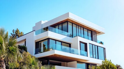 Modern, white, architectural residence with glass balconies.