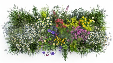 Beautiful flower bed with various grasses in a top view composition on a clean white background