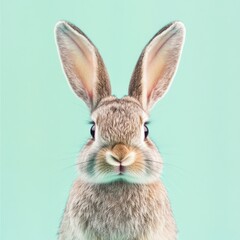 Fototapeta premium Cute Grey Rabbit Portrait on Mint Green Background