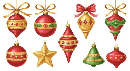 Festive Christmas Ornament Collection - A delightful set of watercolor Christmas ornaments, symbolizing joy, tradition, celebration, winter