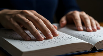 Close Up Hands Reading Braille Book for Visually Impaired with Focus on Tactile Learning and Education against Neutral Background