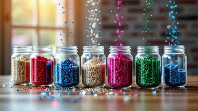 Seven glass jars filled with colorful plastic pellets sit on a sunlit wooden table, some with pellets visibly pouring in from above.