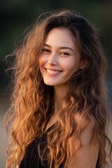 Bright cheerful young woman with long curly hair smiling outdoors in natural sunlight showcasing happiness and natural beauty in a lush green environment