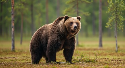 Majestic Brown Bear in Forest Habitat - A large brown bear stands majestically in a lush green forest, showcasing its powerful presence and natural beauty