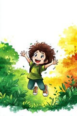 Cheerful young boy jumping joyfully in vibrant green and colorful autumn landscape with lush trees and bright sunshine, outdoor playful nature scene