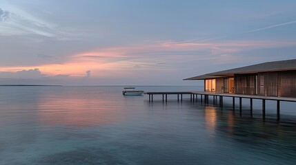 Obraz premium Tranquil overwater bungalow at sunrise