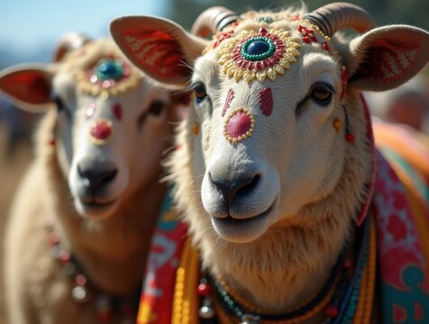 Decorated sacrificial sheep for Kurban Bayram with traditional ornaments and henna patterns in rural setting.

