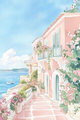 Beautiful Gouache Illustration of a Sunny Morning in Corfu Greece with Soft Pastel Colors and Vintage Details