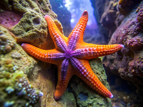 Orange and purple starfish in a rock crevice. A starfish with orange and purple arms is on a rock. The rock is surrounded by other sea creatures.