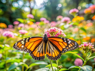 Naklejka premium A butterfly is sitting on a flower in a garden. The butterfly is orange and black. The garden is full of flowers and plants