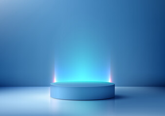 modern blue podium platform 3d mockup technology display showcase with light beams reflective surface gradient background