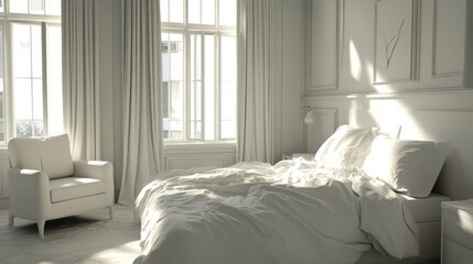 White bedroom with bed and armchair