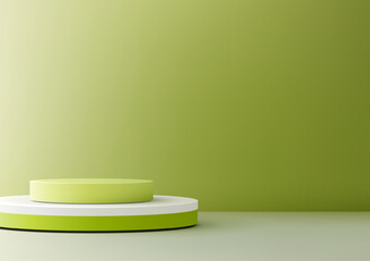 3d green cylindrical platform on white base, modern product display mockup, minimalist showcase stand