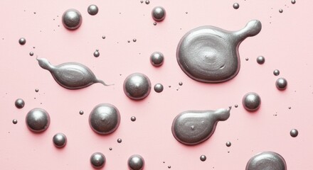 Silver Paint Drops on Pink Background - Abstract of silver paint splatters on a pink surface. Perfect for design projects needing a modern, artistic touch