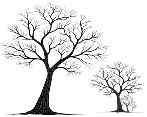 Fototapeta premium Black and white featuring two bare tree branches isolated on white background. Two trees are shown in a black and white photo. The trees are bare and have no leaves.