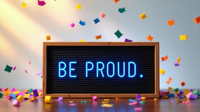 A neon sign reading "BE PROUD." stands amid colorful falling confetti, creating a festive and uplifting atmosphere.
