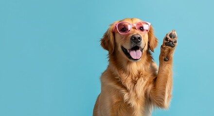 Playful golden retriever wearing pink sunglasses and waving hello on blue background