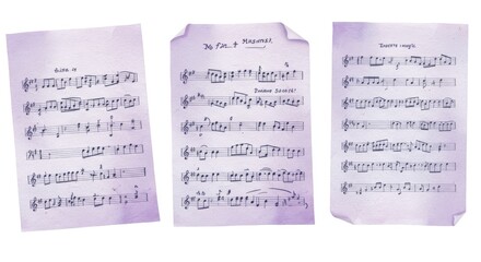 Fototapeta premium Three Sheets of Music Notes Clipart - Three vintage- sheets of music notes, curled edges, purple-tinted paper, musical score, artistic design. Symbolizing melody, harmony, rhythm, creativity
