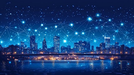 Obraz premium Night cityscape interconnected by a network of glowing lines, symbolizing digital connectivity
