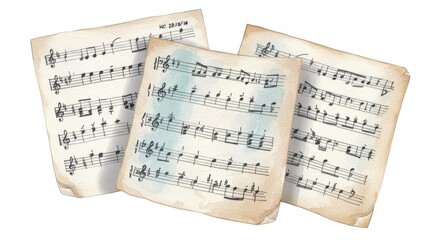 Naklejka premium Vintage Sheet Music Collection - Three aged sheets of musical notation, showing notes and musical rests, ideal for nostalgic or musical projects