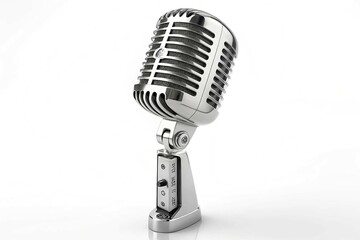 Fototapeta premium A vintage silver microphone, suspended in mid-air, showcasing its retro grille design. Its reflective surface and classic form evoke nostalgia, isolated on a white background