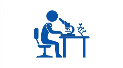 A blue pictogram of a scientist sitting at a desk using a microscope to examine a plant. The image is simple and minimalist, set against a white background.  The style is modern and illustrative.