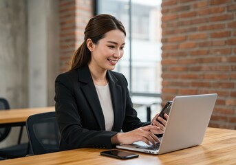 Smiling asian businesswoman using laptop and mobile phone at desk in modern office space