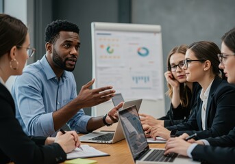 Young african american businessman presents to colleagues with laptops at a meeting table