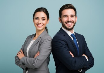 Smiling businesswoman and businessman stand back to back with arms crossed against a blue background