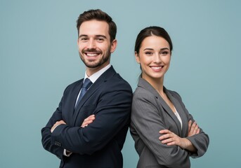 Smiling businessman and businesswoman standing back to back with arms crossed on a blue background