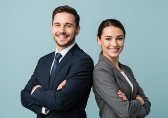 Smiling business professionals stand back to back with arms crossed against a light blue background