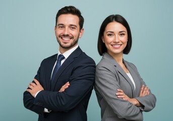 Smiling business professionals stand back to back with arms crossed against a light blue backdrop