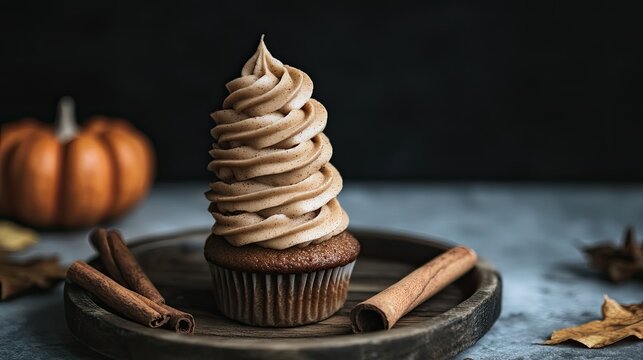 A stack of mini pumpkin spice cupcakes on a rustic plate, with softly blurred cinnamon sticks and fall leaves.