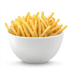 French fries in bowl close up shot on a white background